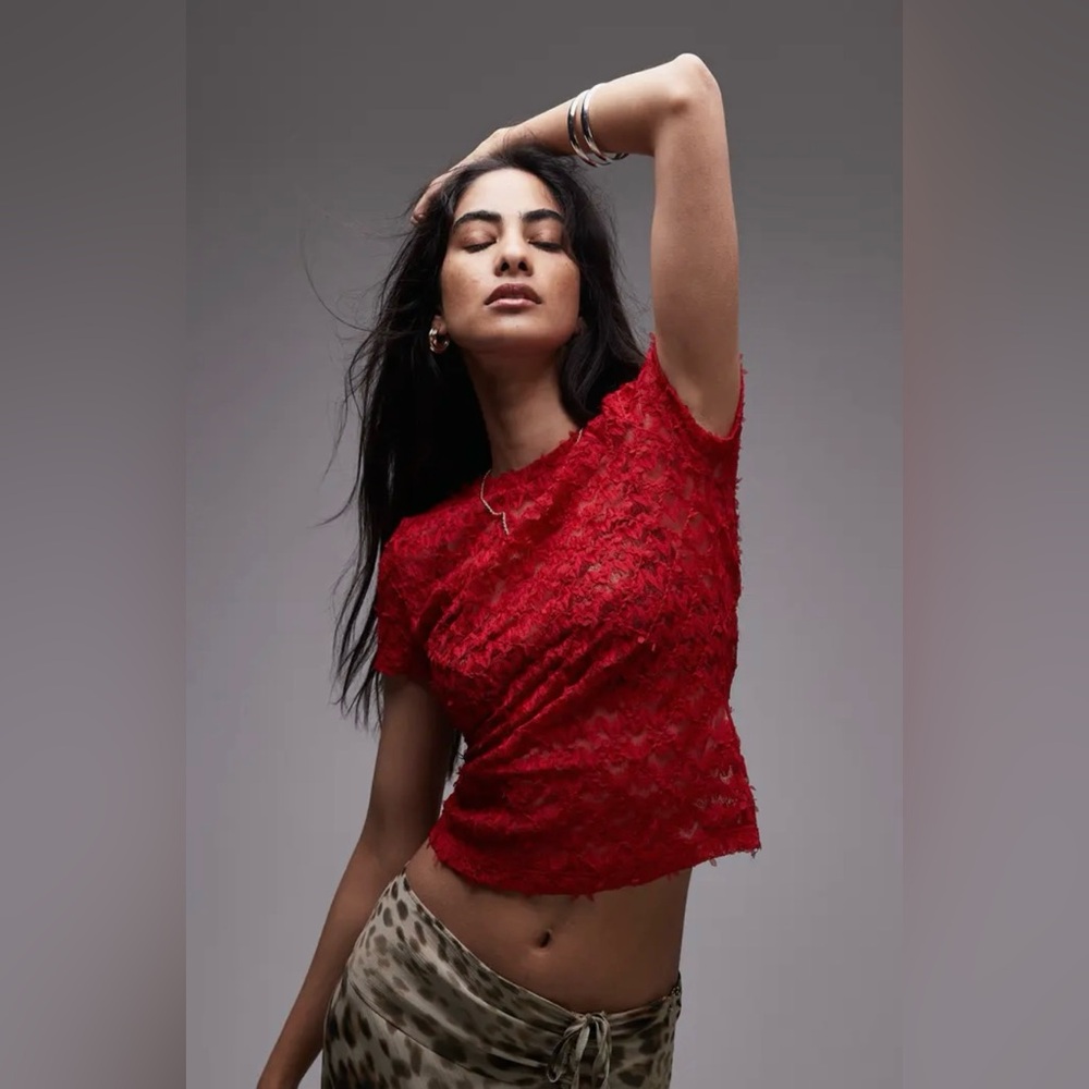 Topshop Sheer Red Lace T-Shirt